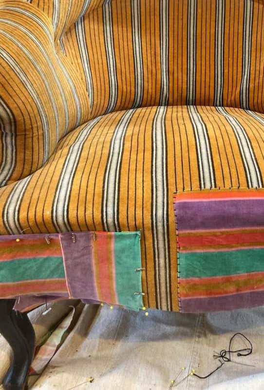 We add storied fabric to chairs, sofas, pillows & occasionally apparel.